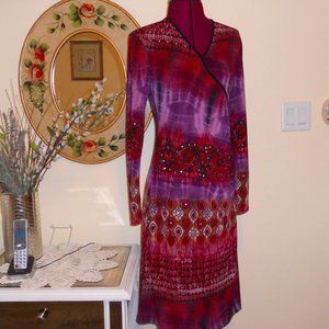 Eva Varro Medium L/S Dress Red Purple Geometric/Tie Dye Patterns USA Made